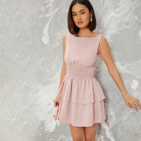 

Ruched Smocked Tiered Ruffled Mini Dress, Baby pink