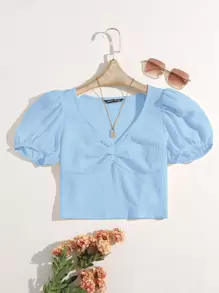 Dreamara Plus Ruched Puff Sleeve Tee - Baby Blue - View 1