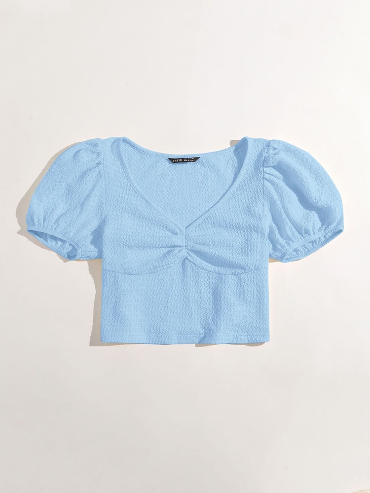 Dreamara Plus Ruched Puff Sleeve Tee - Baby Blue - View 3