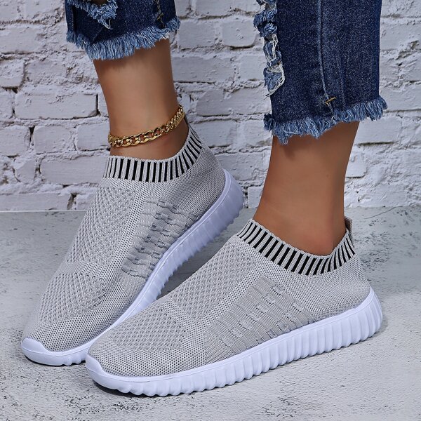 

Striped Pattern Slip-On Running Shoes, Grey
