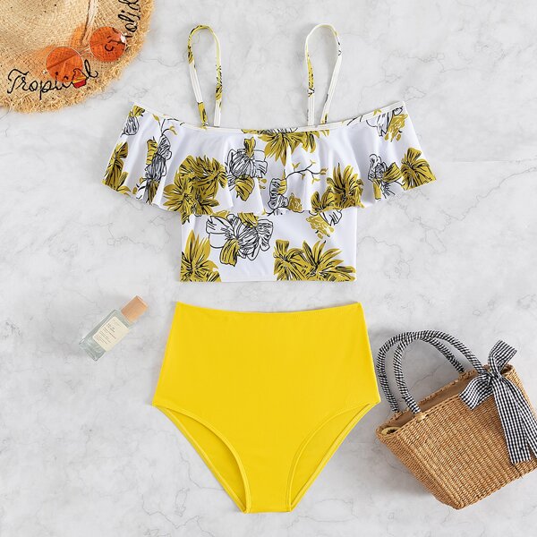 

Floral Print Ruffle Trim Off The Shoulder Bikini Swimsuit, Multicolor