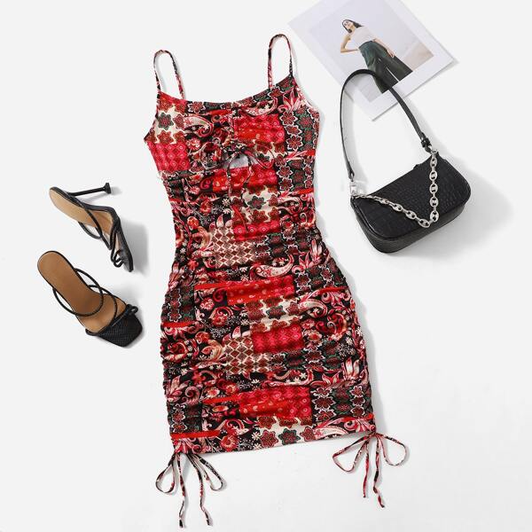 

Patchwork Print Drawstring Ruched Peekaboo Cami Dress, Multicolor