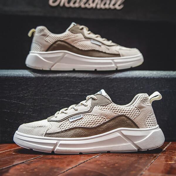 

Men Colorblock Mesh Panel Lace Up Front Skate Shoes, Beige