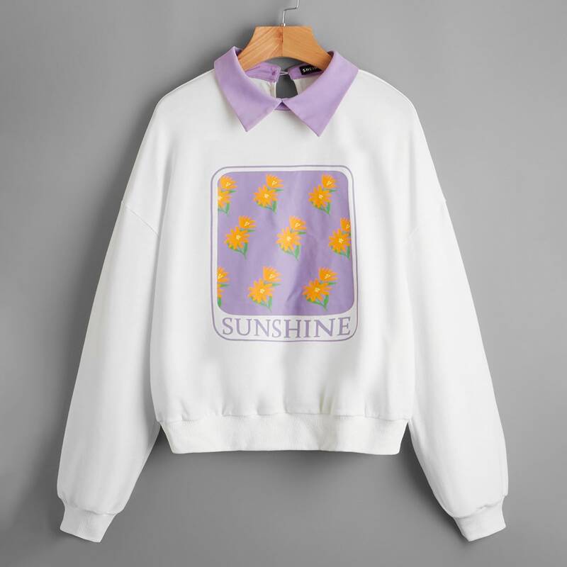 

Flower & Letter Graphic Drop Shoulder Contrast Collar Sweatshirt, White