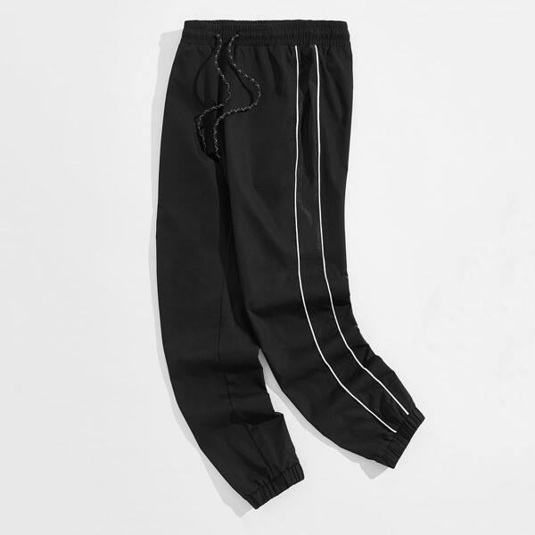 

Men Contrast Piping Drawstring Pants, Black