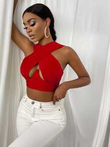 SHEIN SXY Cross Wrap Crop Tank Top - Burgundy - View 2