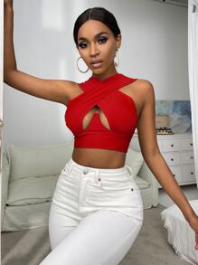 SHEIN SXY Cross Wrap Crop Tank Top - Burgundy - View 5