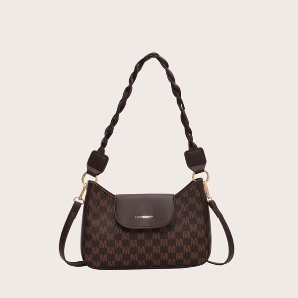 

Letter Graphic Braided Design Shoulder Bag, Coffee brown