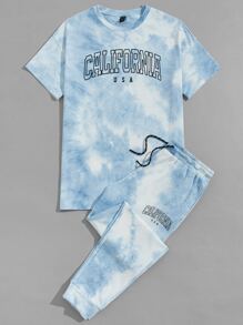 Manfinity Men Tie Dye Letter Graphic Drop Shoulder Tee & Drawstring Pants - Baby Blue - View 1