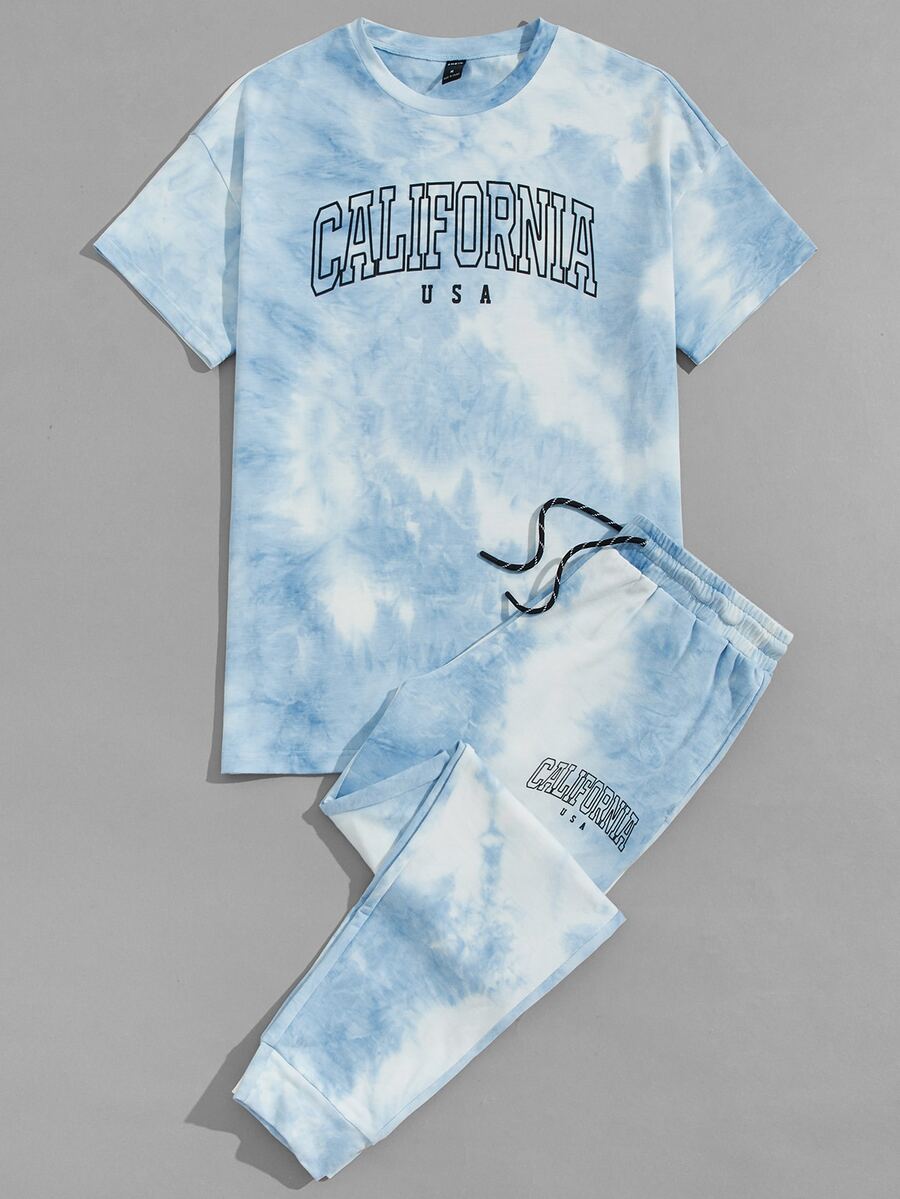 Manfinity Men Tie Dye Letter Graphic Drop Shoulder Tee & Drawstring Pants - Baby Blue - View 1