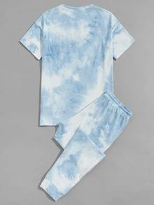 Manfinity Men Tie Dye Letter Graphic Drop Shoulder Tee & Drawstring Pants - Baby Blue - View 2