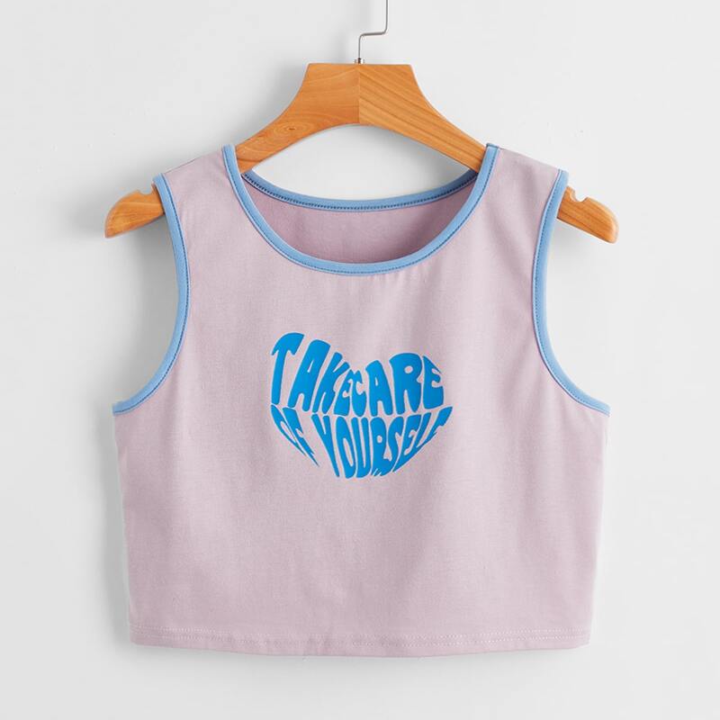 

Letter Print Contrast Binding Tank Top, Mauve purple