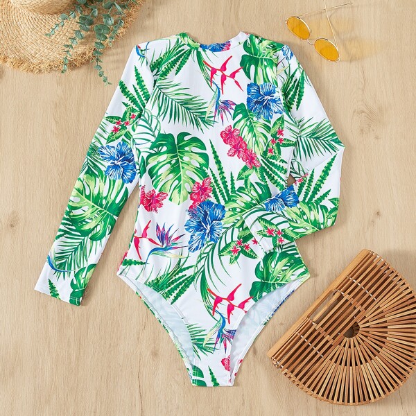 

Floral & Tropical Print One Piece Swimsuit, Multicolor