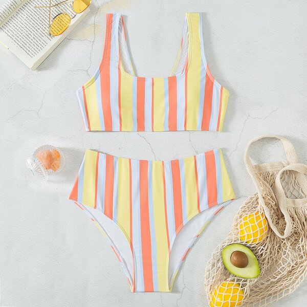 

Striped High Waisted Bikini Swimsuit, Multicolor