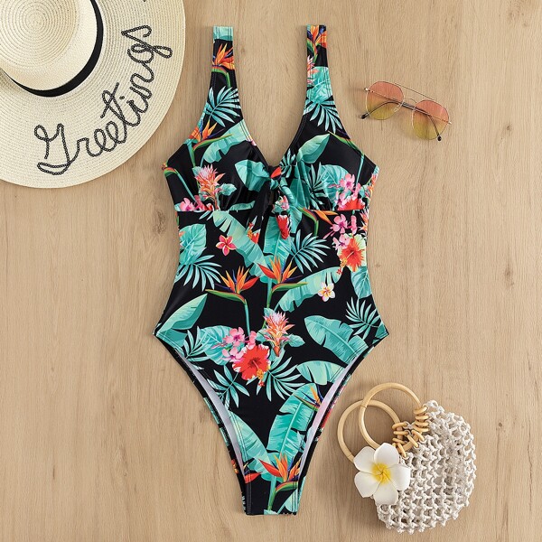 

Floral & Plant Print Knot Front One Piece Swimsuit, Multicolor
