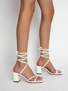Sandalias gruesas de tacón medio para mujer, zapatos de trabajo básicos blancos con punta abierta, correas finas elegantes y cómodas, con cordones, correas múltiples, atadas a las piernas, sandalias de tacón alto para primavera y verano
