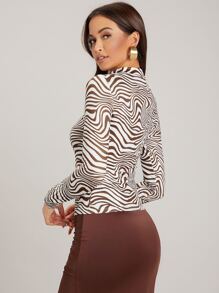 SHEIN Privé Mock Neck Zebra Striped Form Fitted Tee - Multicolor - View 3