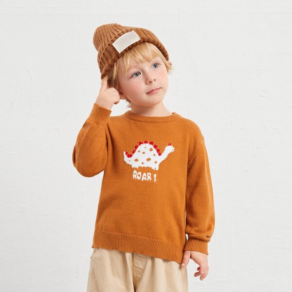 

Toddler Boys Dinosaur & Letter Pattern Sweater, Mustard yellow