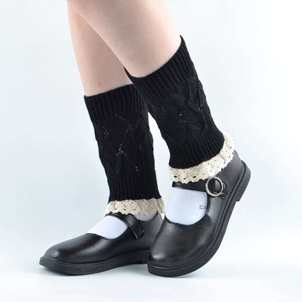 

1pair Contrast Lace Knit Leg Warmer, Black