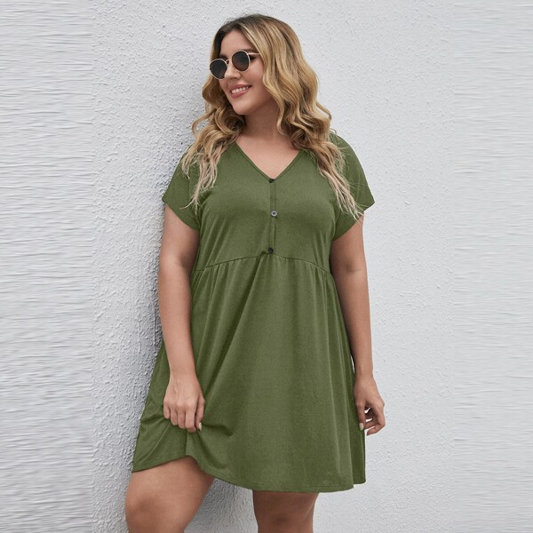 

Plus Solid Button Detail Babydoll Dress, Army green