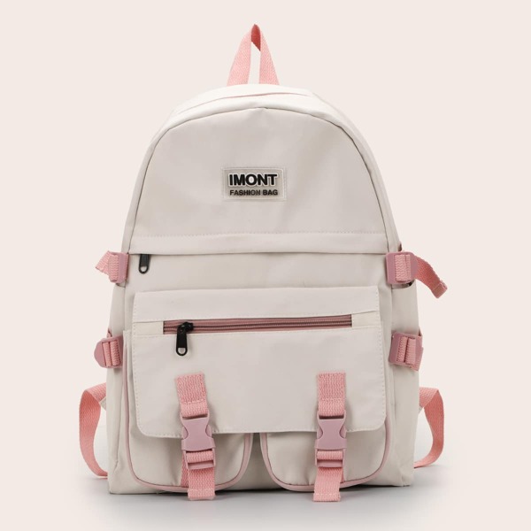 

Minimalist Letter Graphic Buckle Decor Functional Backpack, Beige