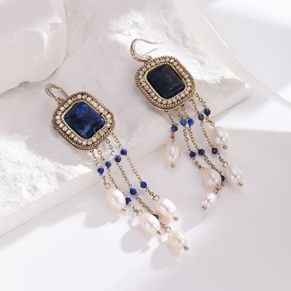 

14K Gold Plated Natural Pearl & Zircon Decor Drop Earrings, Royal blue