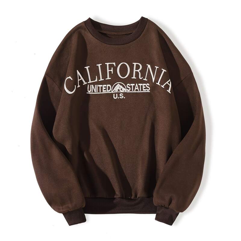 

Letter Embroidery Drop Shoulder Pullover, Coffee brown