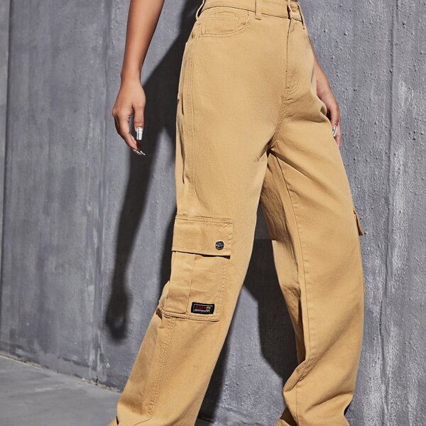 

High Waist Patch Detail Cargo Jeans, Khaki
