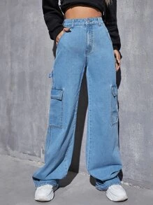 SHEIN EZwear 高腰斜口袋工裝褲