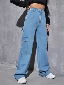 SHEIN EZwear 高腰斜口袋工裝褲