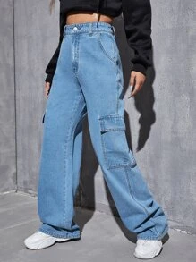 SHEIN EZwear 高腰斜口袋工裝褲