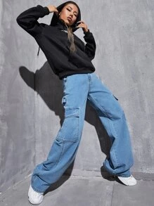 SHEIN EZwear 高腰斜口袋工裝褲