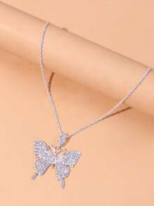 水鑽蝴蝶墜飾項鍊 - 銀色 - 查看 1