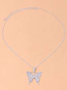 水鑽蝴蝶墜飾項鍊 - 銀色 - 查看 2