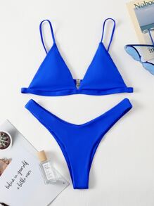SHEIN Swim Summer Beach Mono Bikini Set Triangle Bra & High Cut Bottom 2 Pieces Bikini - Royal Blue - View 1