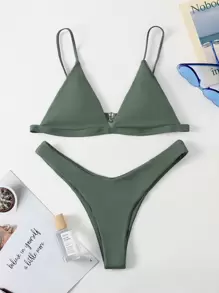 SHEIN Swim Summer Beach Mono Bikini Set Triangle Bra & High Cut Bottom 2 Pieces Bikini - Army Green - View 1