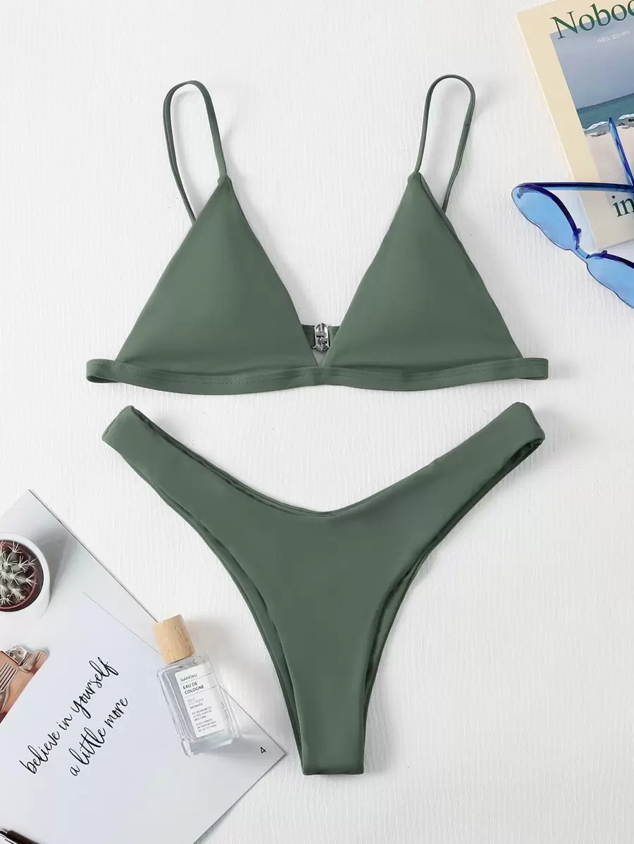SHEIN Swim Summer Beach Mono Bikini Set Triangle Bra & High Cut Bottom 2 Pieces Bikini - Army Green - View 1
