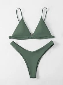 SHEIN Swim Summer Beach Mono Bikini Set Triangle Bra & High Cut Bottom 2 Pieces Bikini - Army Green - View 4
