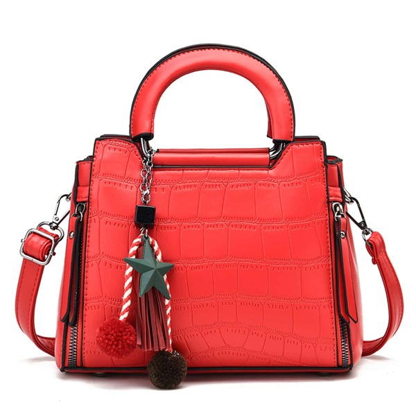 

Pom-pom & Star Decor Croc Embossed Square Bag, Red