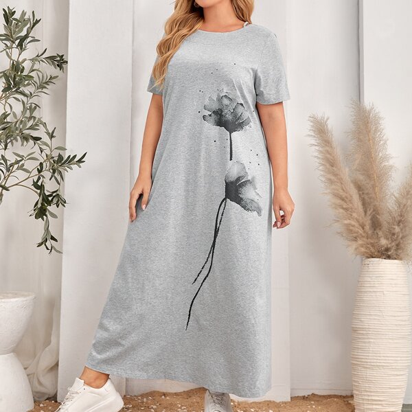 

Plus Floral Print Split Hem Tee Dress, Light grey