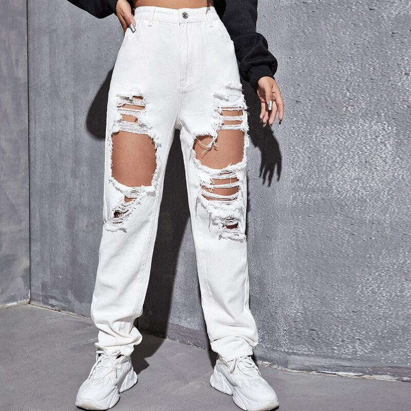 

Ripped High Waist Straight Leg Jeans, White