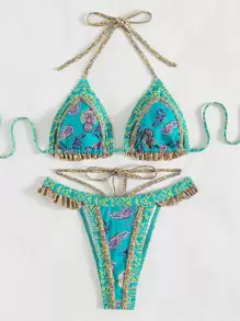 SHEIN Swim Summer Beach Floral & Geo Print Triangle Thong Bikini - Multicolor - View 3