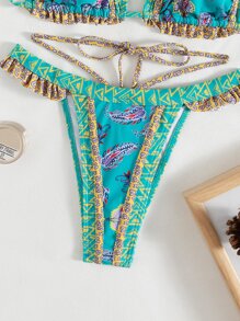 SHEIN Swim Summer Beach Floral & Geo Print Triangle Thong Bikini - Multicolor - View 4