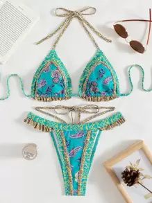 SHEIN Swim Summer Beach Floral & Geo Print Triangle Thong Bikini - Multicolor - View 5