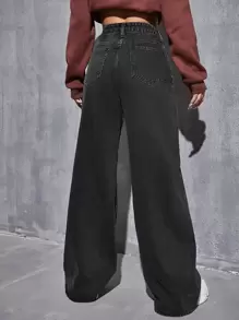 SHEIN EZwear High Waist Wide Leg Jeans - Black - View 2