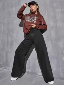 SHEIN EZwear High Waist Wide Leg Jeans - Black - View 3