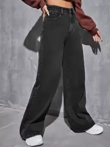 SHEIN EZwear High Waist Wide Leg Jeans - Black - View 4