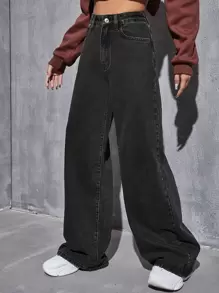 SHEIN EZwear High Waist Wide Leg Jeans - Black - View 5