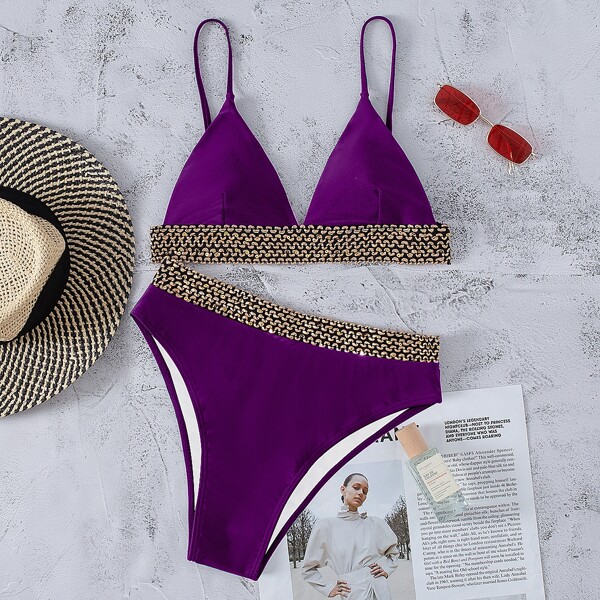 

Contrast Trim Triangle High Waisted Bikini Swimsuit, Violet purple