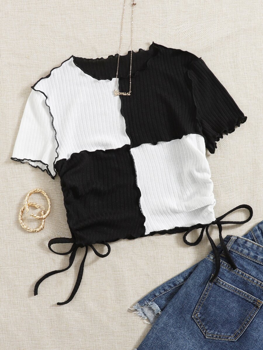 SHEIN EZwear Plus Two Tone Lettuce Trim Drawstring Side Crop Tee For Summer - Black and White - View 1